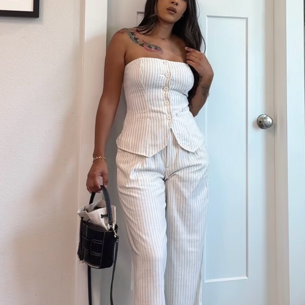 White Striped Women's Linen Matching Set
